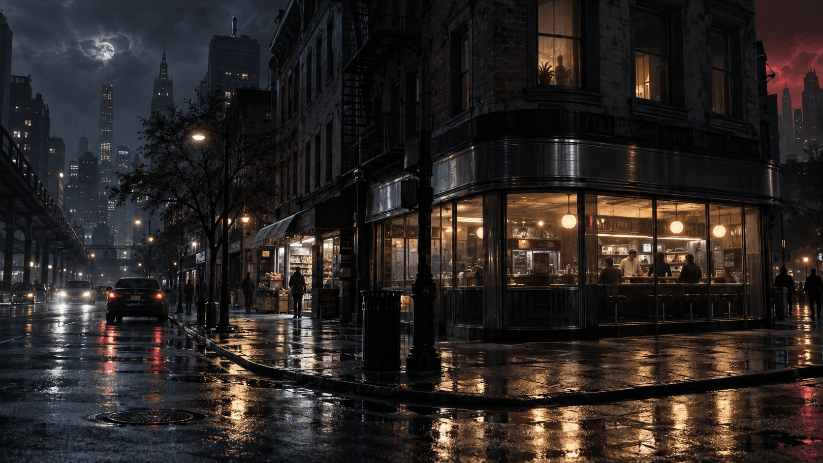 Rain-washed city street at night