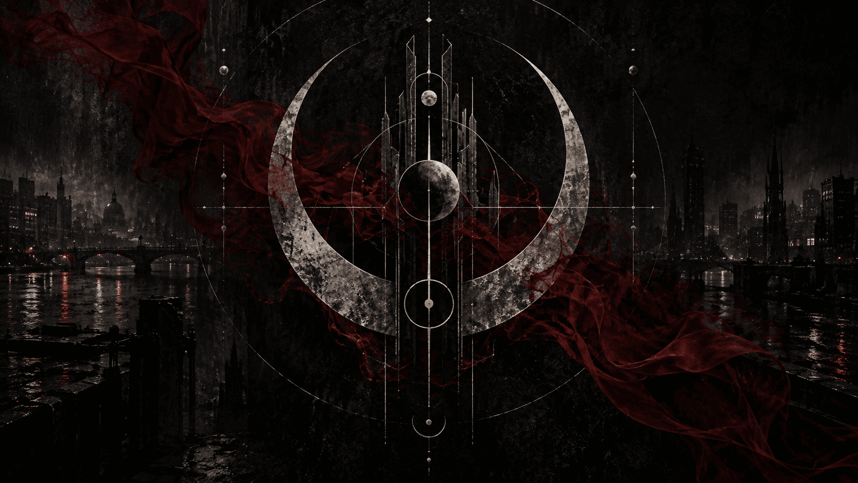Abstract silver lunar arc and crimson smoke