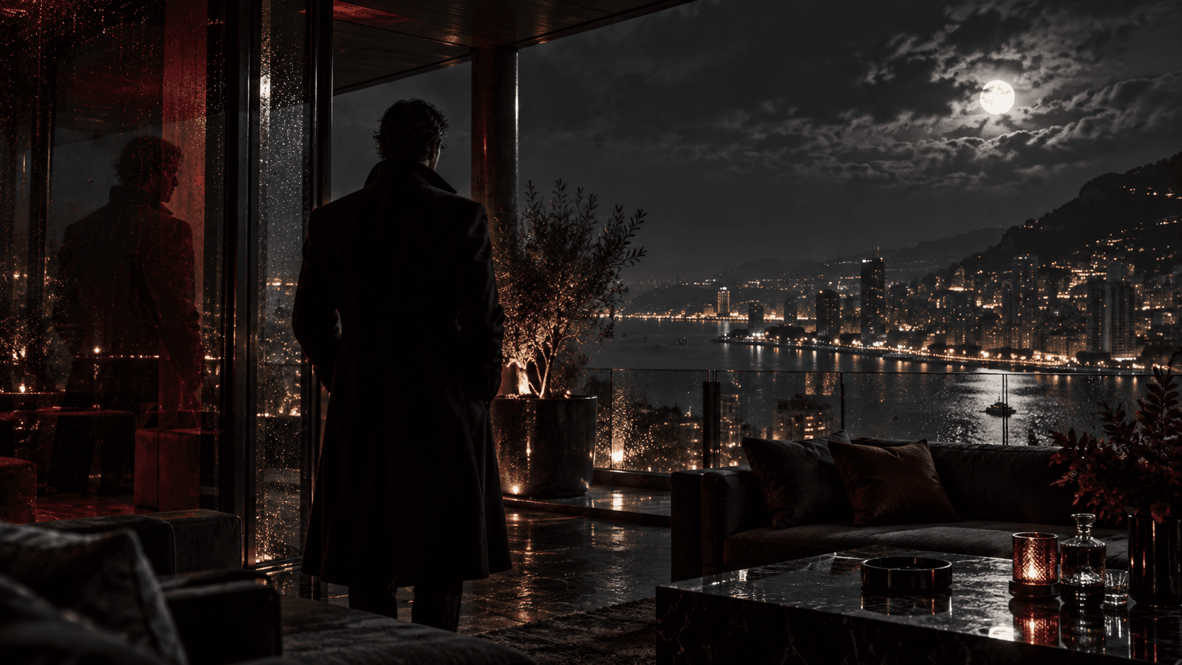 Anonymous figure on an elegant rooftop at night