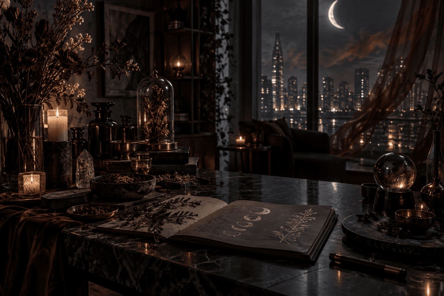 After-hours apothecary worktable in moonlight
