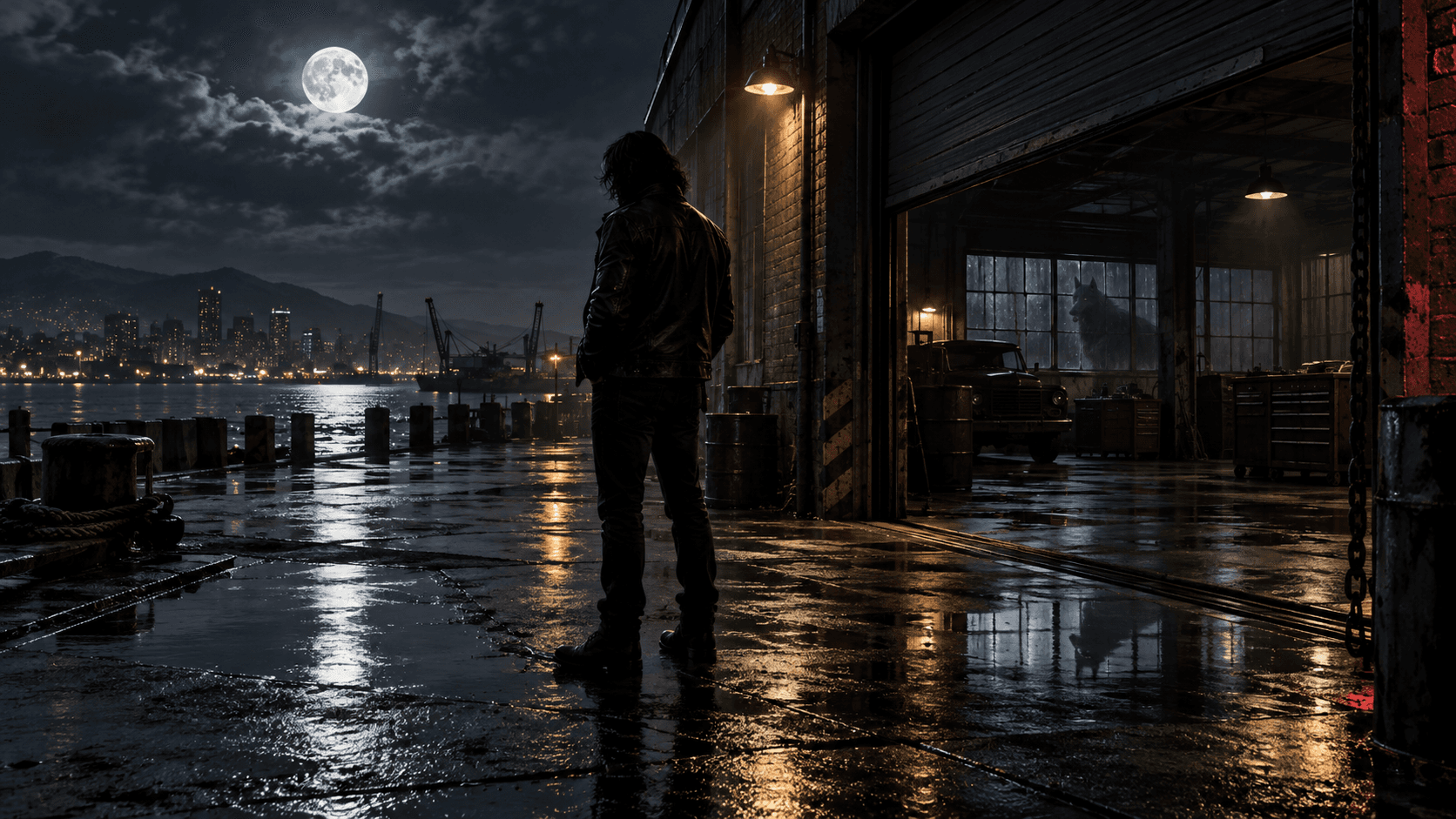 Anonymous figure at an industrial garage in moonlight