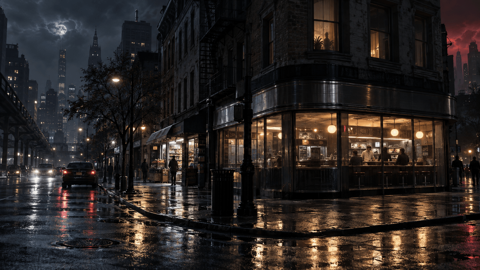 An all-night city street after rain
