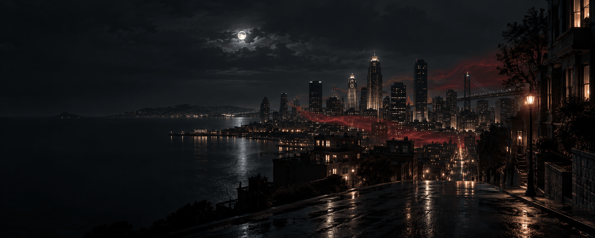 Rain-washed city skyline at night with a crimson mist