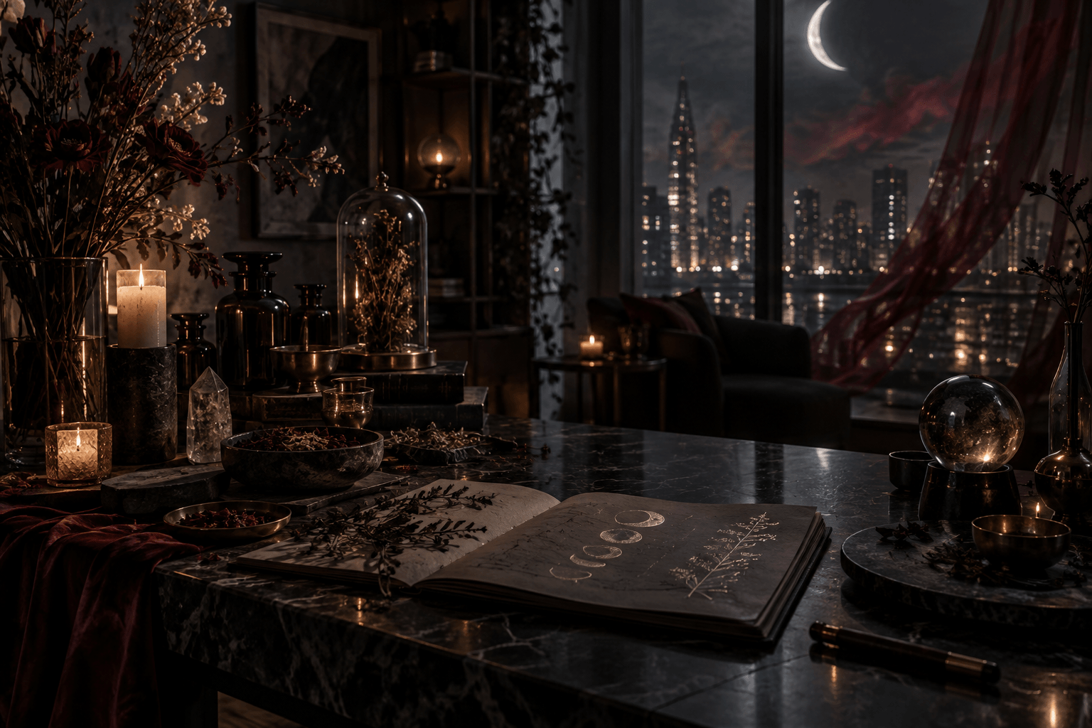 After-hours apothecary worktable in moonlight