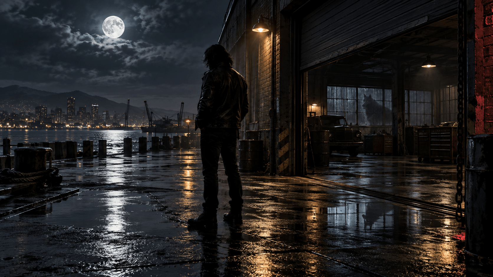 Anonymous figure at an industrial garage in moonlight